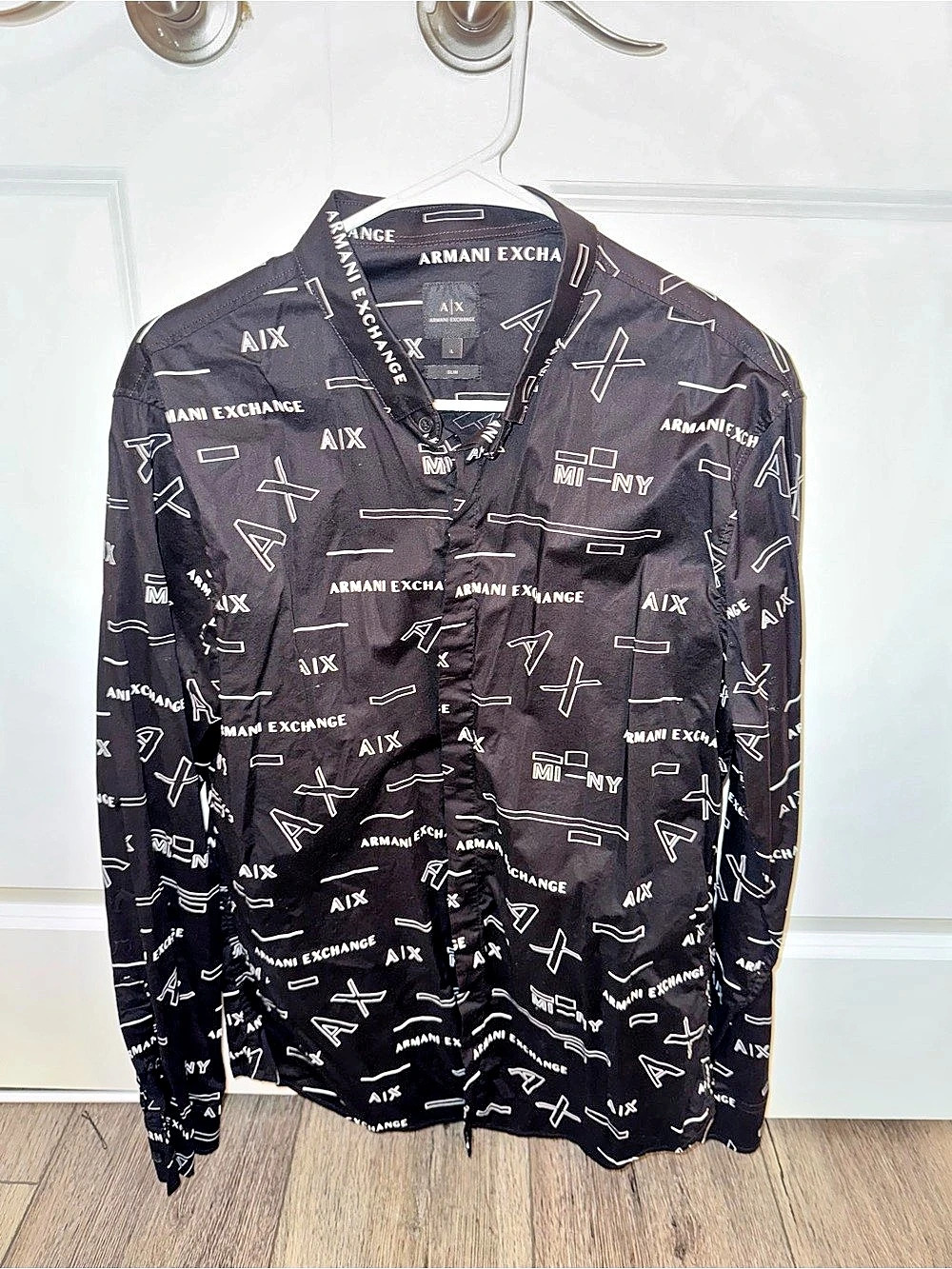 Armani Exchange All-Over Logo Print Slim Button-Down Shirt Black & White Medium